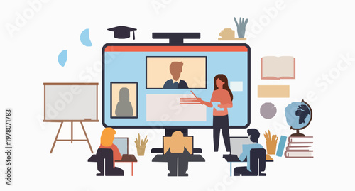 Distance learning and online education illustration with virtual classroom and digital study tools vector concept