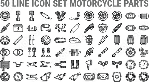 Motorcycle parts line icon set featuring detailed mechanical components tools and engine elements for repair and maintenance design
