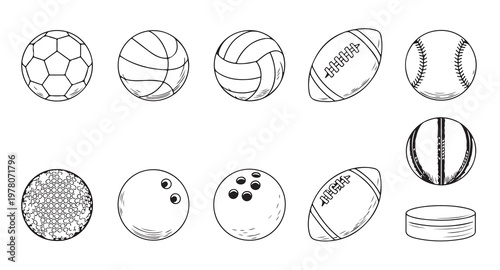 Set of sketch sports balls including football soccer basketball baseball and golf icons.
