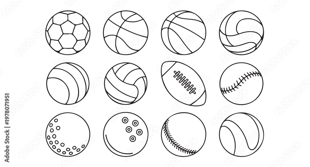 Fototapeta premium Twelve sport equipment balls vector graphic outline icons for game.