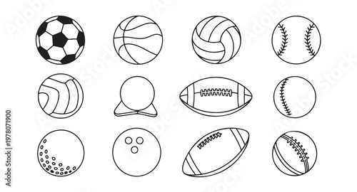 Sport ball icons vector set in flat design with outlines and detailed patterns for game equipment.