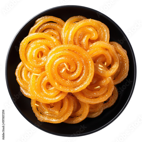 Delicious Jalebi Top View in Black Plate isolated on transparent background