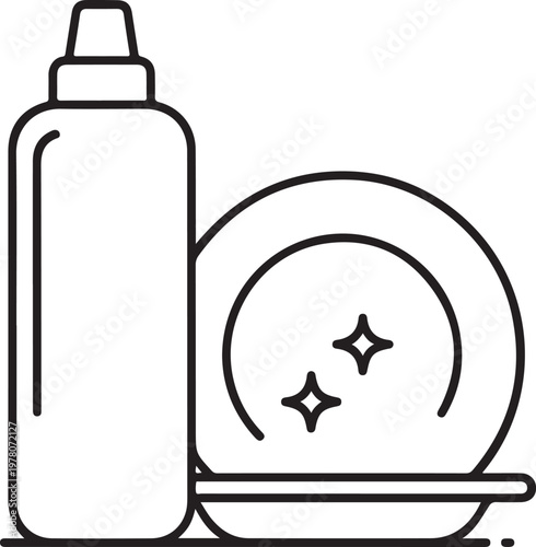 Dish soap bottle and clean plates with sparkle icons on transparent background for kitchen chores hygiene concept