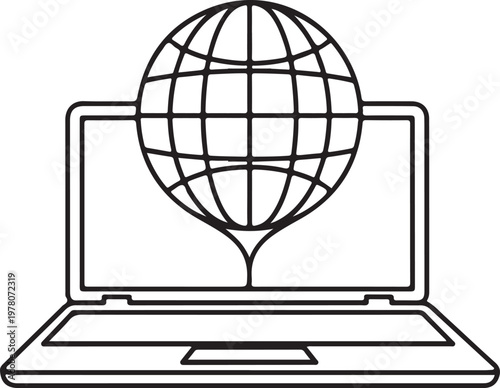 Global network concept with a laptop computer and a world globe centered above it, vector illustration