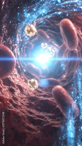 Insulin glucose blood sugar hormone medical red blood cell bloodstream artery vein flow through blood vessel with insulin glucose sugar hormone medical concept showing red blood cell particle diabetes