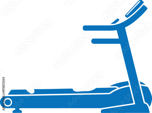 Gym treadmill machine icon in solid blue color featuring console handrails and running belt for fitness activities