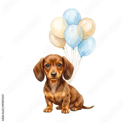 Watercolor illustration dachshund with blue balloons