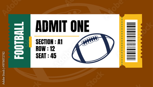 American football ticket, admit one, sports event ticket, football stadium ticket, vector illustration