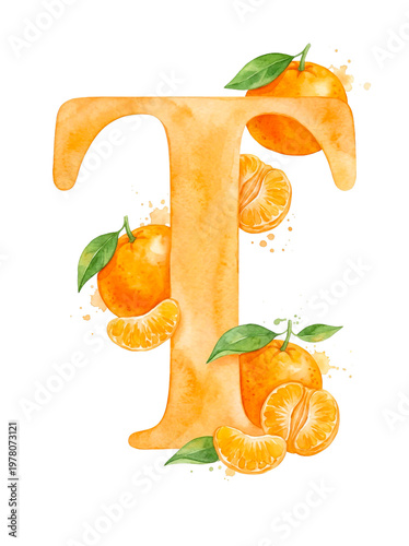 Watercolor letter T with tangerines and leaves