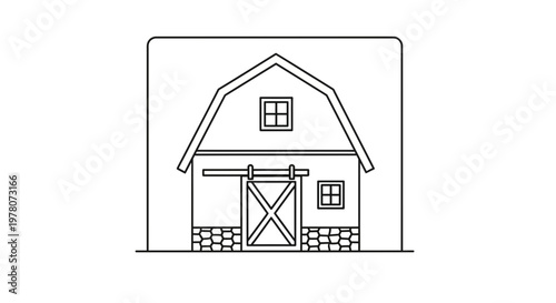 Rustic Barn Facade with Sliding Door and Stone Foundation, Simple Line Art Illustration