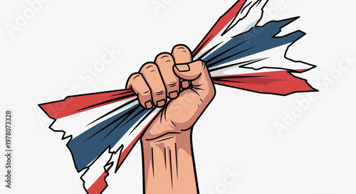 Fist holding torn flag, symbol of patriotism, protest, or national pride