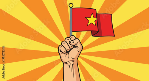 Fist Holding Vietnam Flag with Sunburst Background