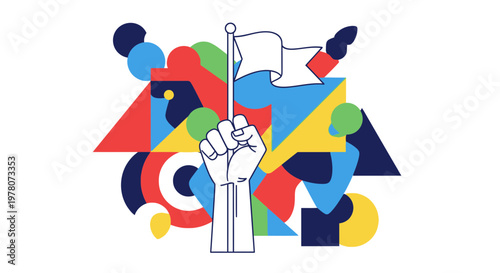 Fist holding white flag against abstract colorful geometric background, concept of surrender or peace