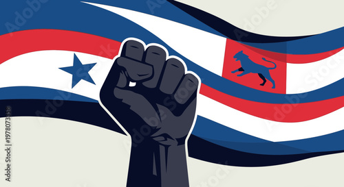 Fist of Power Against Waving Flag with Animal Emblem - Symbol of Protest and Freedom