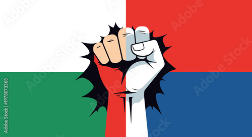 Fist punching through colorful abstract background, symbol of power and revolution