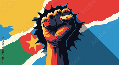 Fist of protest breaking through colorful abstract background, symbol of power and resistance