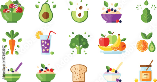 Fresh Fruits, Vegetables, Salads, Smoothies, and Healthy Snacks Set for Nutrition, Organic Eating, and Wellness Lifestyle Illustrations