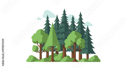 Flat design forest illustration with various trees and green foliage, white background