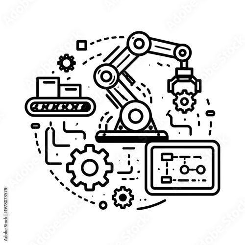 Industrial automation robot arm conveyor belt gears and schematic diagram icons for manufacturing