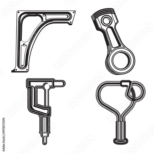 Car Frame Arm and Piston Components Technical Illustration Set