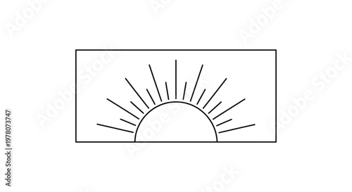 Minimalist sunrise graphic with sun rays emanating from a semicircle within a rectangle.