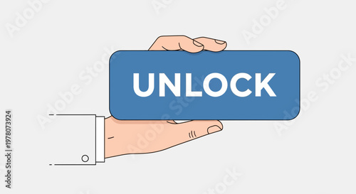Hand holding a blue button with the word UNLOCK