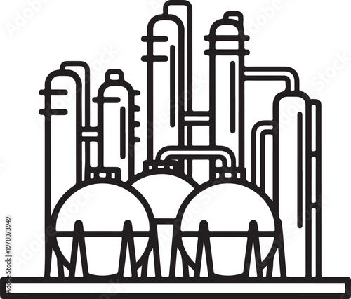Industrial oil and gas processing plant vector illustration outline chemical factory refining construction sketch