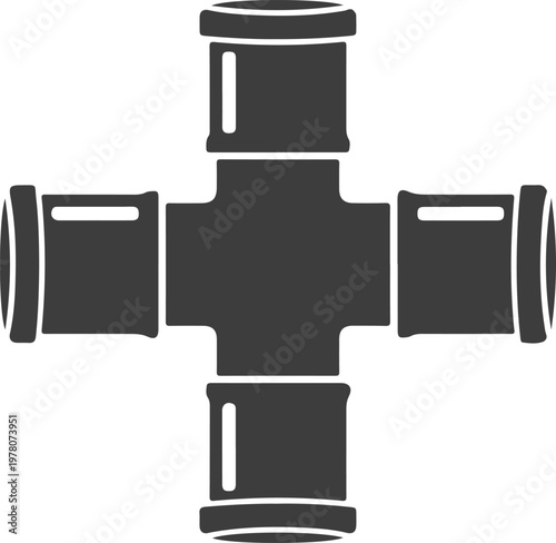 Industrial cross pipe connector vector illustration, dark gray plumbing fitting icon for construction projects