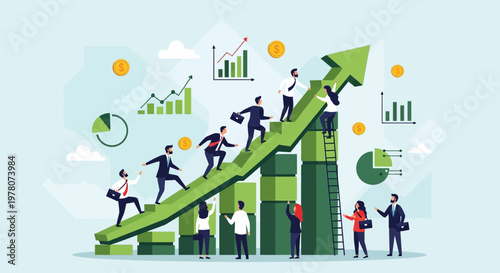 Business people climbing growth graph upward.