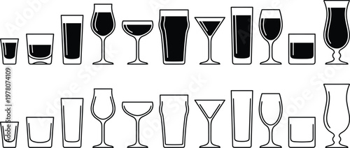 Drinking glasses collection, filled and empty, barware set, cocktail glassware, wine glasses, martini glass, pint glass, hospitality design illustration