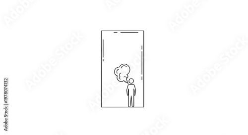 Minimalist line art of a person inside a box with thought bubble, representing ideas and creativity