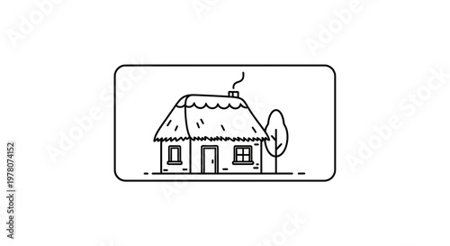 Minimalist Line Art of a Thatched Roof Cottage with a Tree and Smoke from Chimney
