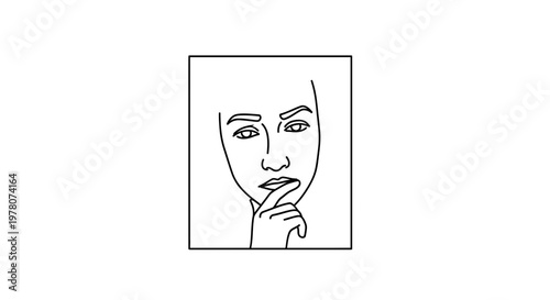 Minimalist Line Art of a Woman's Face in Thoughtful Pose, Hand on Chin