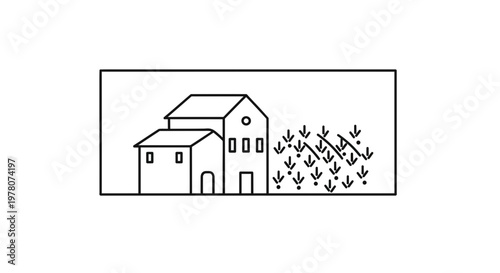 Minimalist Line Art: Rural House with Growing Plants, Simple Vector Illustration