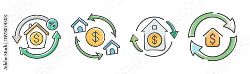 Real estate refinancing icons set, mortgage loan interest rate vector elements, house equity and property investment cash flow symbols