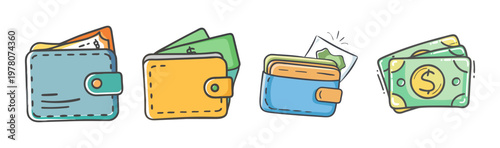 Hand drawn wallet icon set with cash and credit cards, colorful money purse vector illustrations, financial savings and payment concept elements