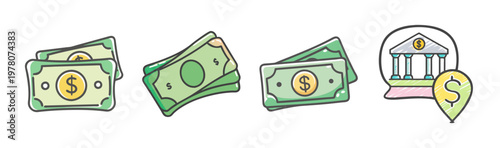 Green dollar banknote icons and bank building vector set, flat cash money currency illustrations, financial payment and banking location symbols