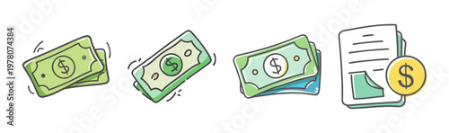 Hand drawn money icons set, green dollar banknotes and gold coin vector, financial document with cash symbols, business payment and wealth concept