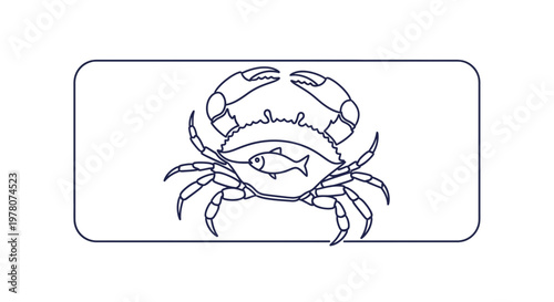 Minimalist Line Art Crab with Fish Silhouette Inside, Seafood Concept