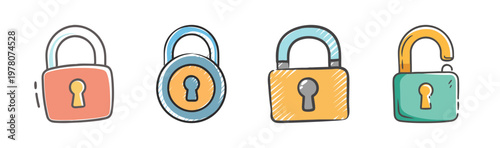 Hand drawn padlock icons set, colorful doodle padlocks for security and privacy, locked and unlocked metal locks vector collection