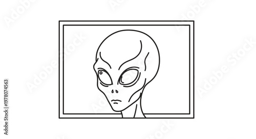 Minimalist Line Art Drawing of a Grey Alien Head in a Square Frame