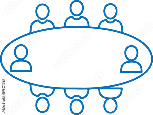 Meeting table with six people sitting around, conference call concept, teamwork symbol, blue outline graphic