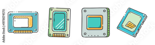 Retro gaming cartridge vector set, vintage video game console memory cards, 4 colorful hand-drawn electronic media storage icons for gaming