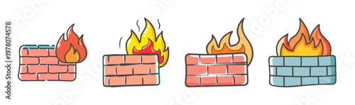 Network firewall icons set, hand drawn brick wall with fire flames, cyber security and data protection concept, 4 vector elements for web design