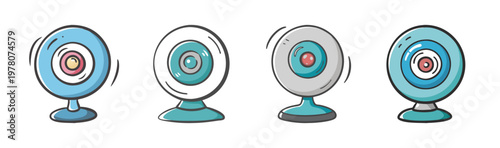 Cartoon webcam vector icons set, colorful web camera collection for video calls, digital communication hardware illustrations in doodle style
