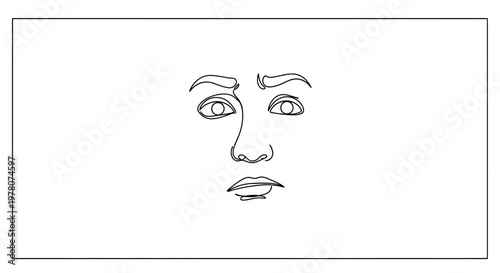 Minimalist Line Art Face Drawing, Expressive Eyes and Mouth, Single Line Art