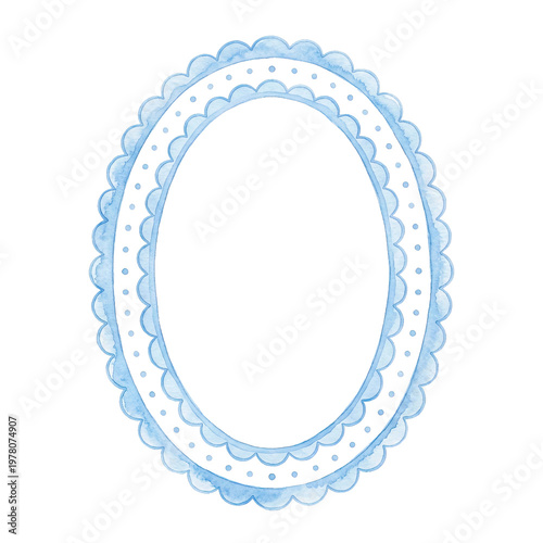 Watercolor ornate oval frame with blue scallops