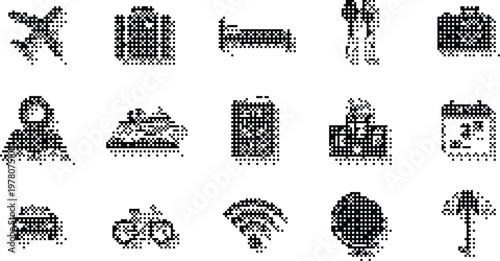 Gradient Background Halftone Pixeleted Bitmap Dither Travel Icons Vector Set Isolated