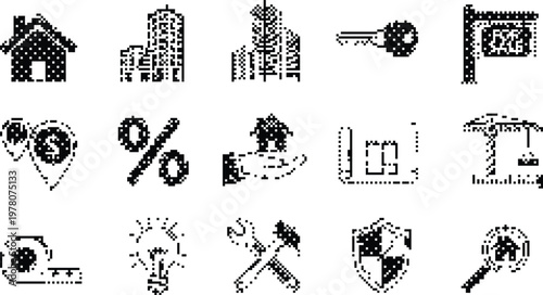 Gradient Background Halftone Pixelated Bitmap Dither Real Estate Icons Set Vector Isolated