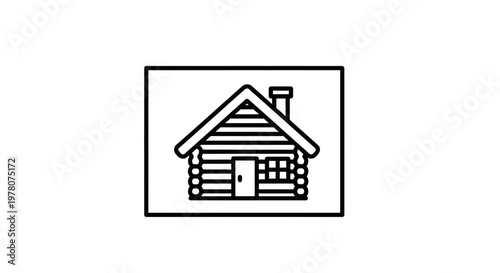 Log Cabin Icon: Simple Line Art of a Rustic Wooden House with Chimney